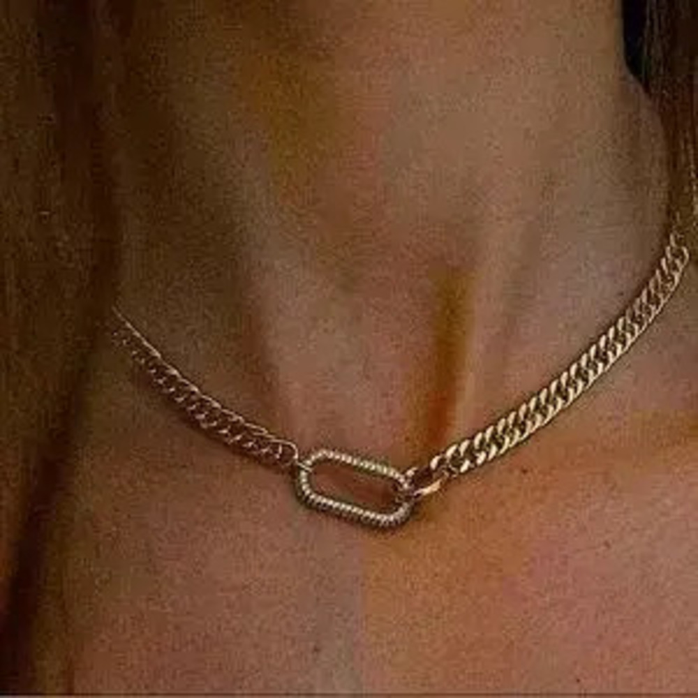Gold Zircon Rectangular Charm Necklace Chain Link - Picture 10 of 10